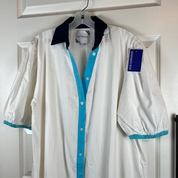 ADDISON BAY ISLE DRESS 100% Poplin Cotton White Blue Pipping Drop Waist Midi L - Picture 3 of 10